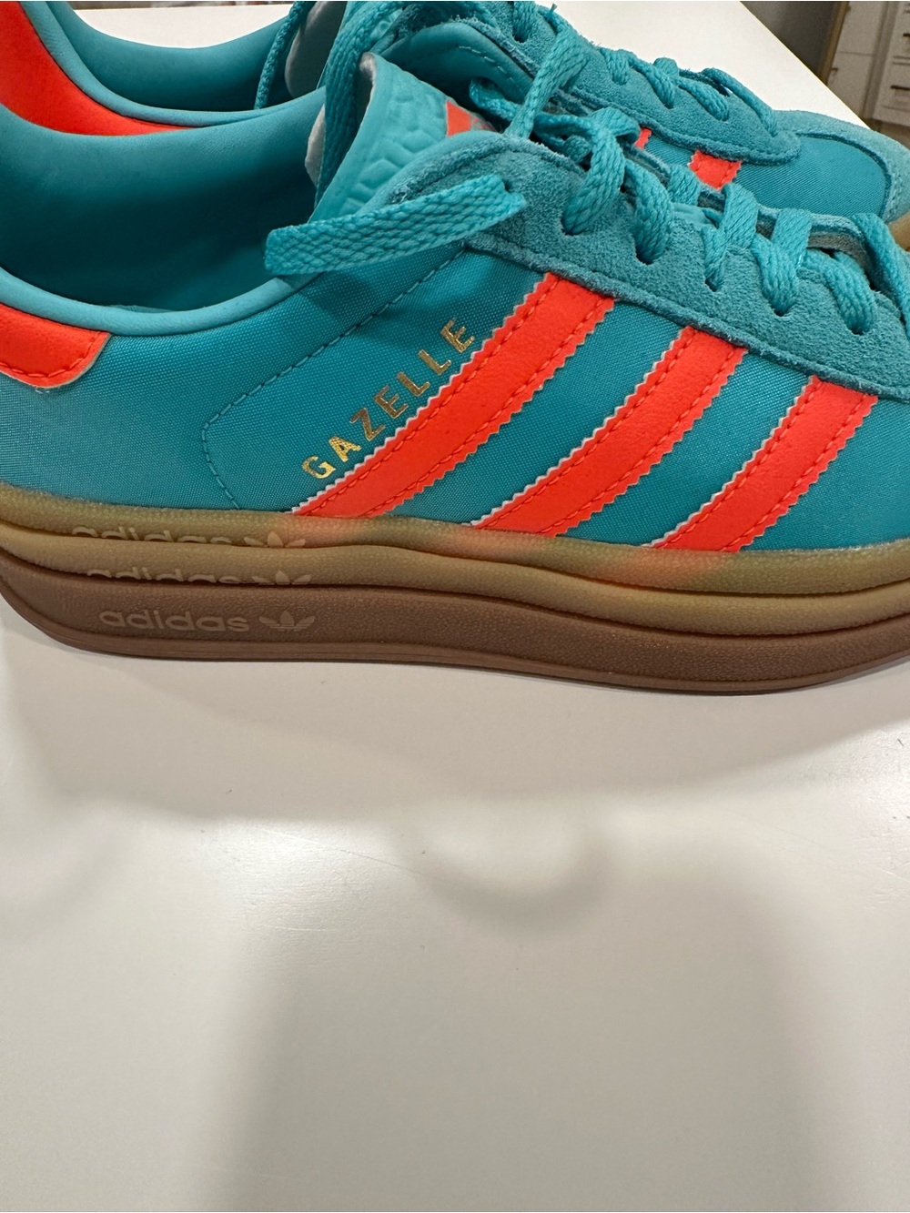adidas Gazelle Sneakers in Teal with Neon Coral Stripes